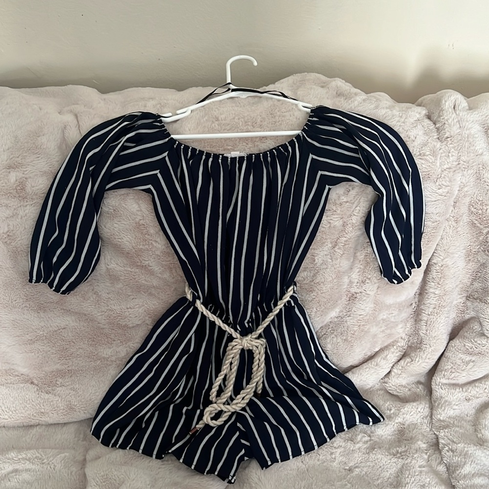 Navy blue and white off the shoulder short romper